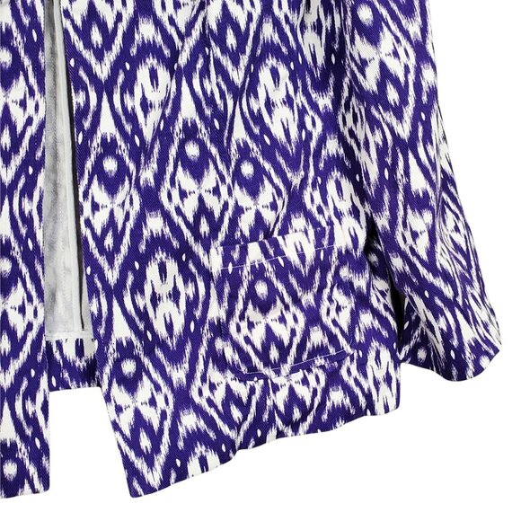 Chico's 2 Size L Jacket Open Collarless Blazer Pockets Cuff Sleeves Ikat Purple - Picture 6 of 7